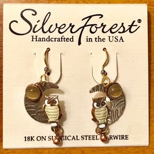 Silver Forest Owl on Moon Earrings🌙